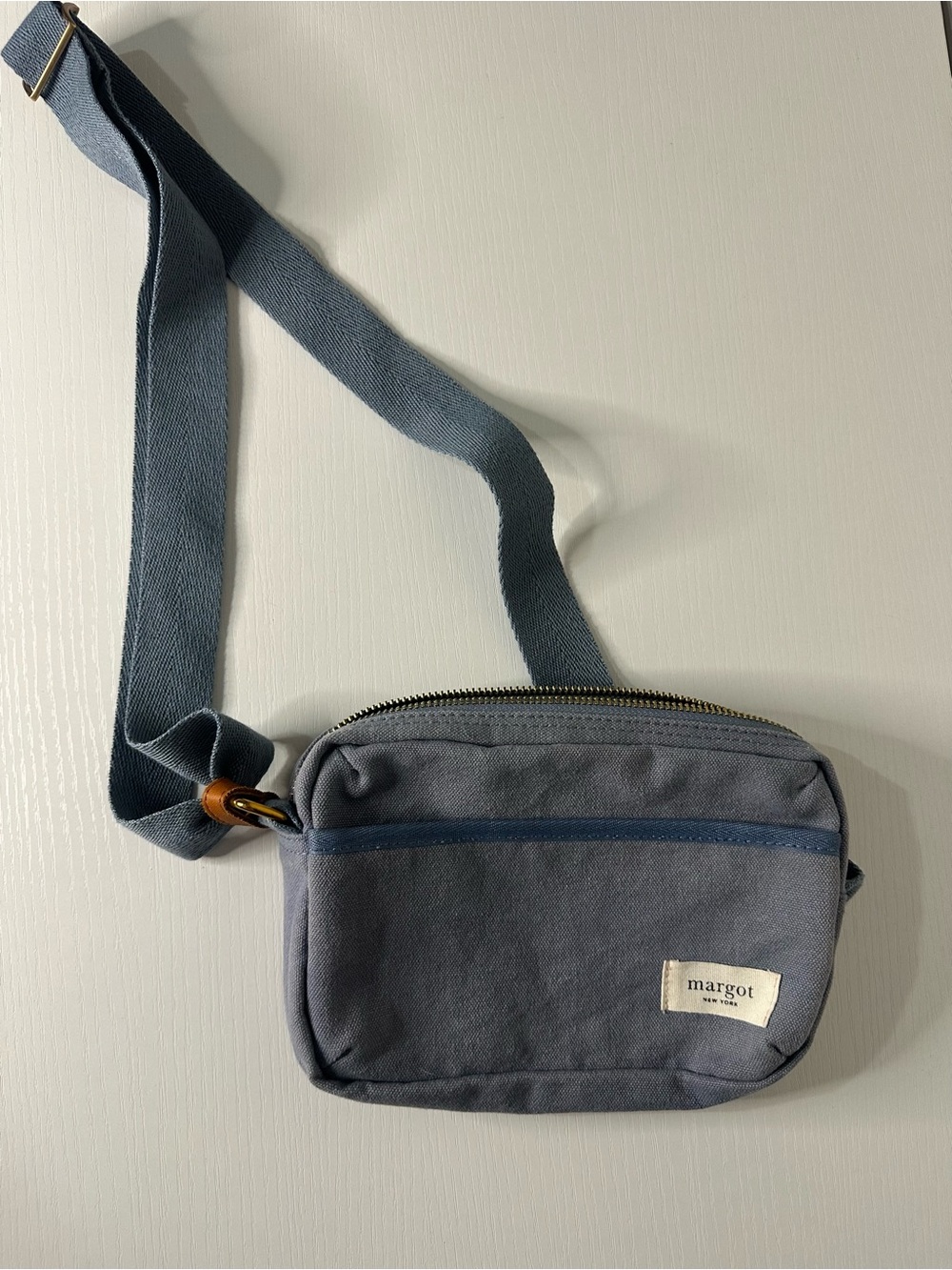 margot Slate Blue Canvas Belt Bag with Navy Trim
